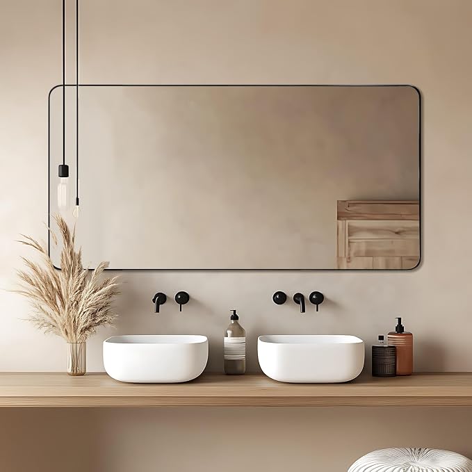Black Bathroom Mirrors for Over Sink, 30x55 Inch Matte Black Mirror for Bathroom, Rectangle Metal Vanity Mirror for Wall-Modern Clean Design with Superior Stainless Steel Frame