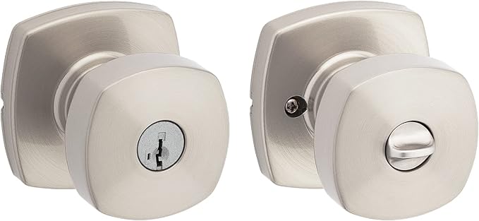 Kwikset Arroyo Knob Entry Door Knob with Lock and Key, Secure Keyed Handle Exterior, Front Entrance and Bedroom, Satin Nickel, Pick Resistant SmartKey Rekey Security and Microban