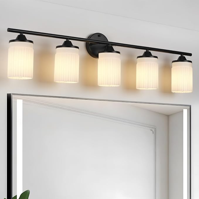 Jonsi Black Bathroom Light Fixtures 5-Light Vanity Lights Modern Wall Sconce with Milk White Shade Brushed Brass Bathroom Light Fixture Over Mirror for Bedroom Hallway Kitchen