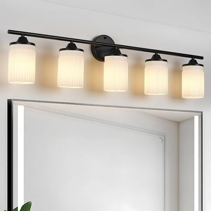 Jonsi Black Bathroom Light Fixtures 5-Light Vanity Lights Modern Wall Sconce with Milk White Shade Brushed Brass Bathroom Light Fixture Over Mirror for Bedroom Hallway Kitchen
