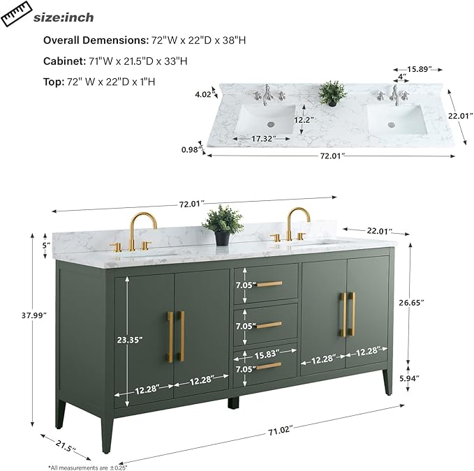 HomeBeyond 72 Inch Bathroom Vanity with Sink & Ceramic Top, Double Vanity Cabinet with Basin, Soft-Closing Doors & Matte Black Hardware, Vintage Green