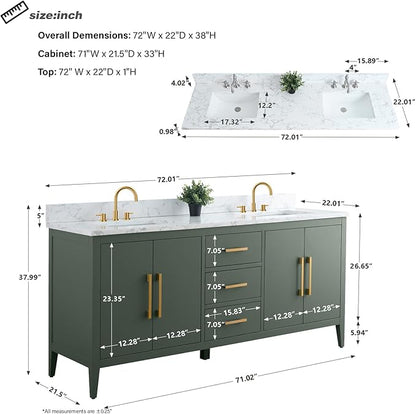 HomeBeyond 72 Inch Bathroom Vanity with Sink & Ceramic Top, Double Vanity Cabinet with Basin, Soft-Closing Doors & Matte Black Hardware, Vintage Green