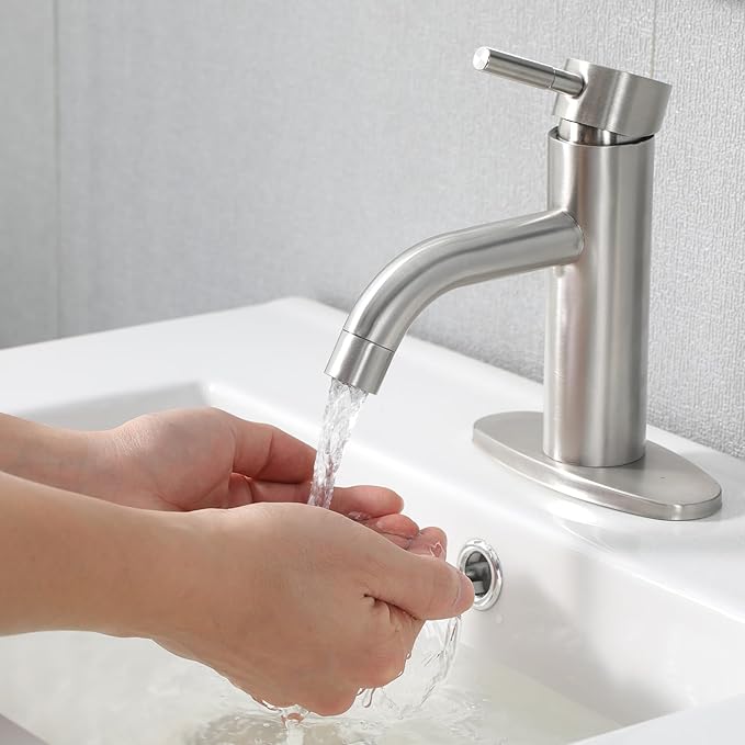 HOTIS Brushed Nickel Bathroom Faucet, Single Hole Bath Sink Faucet with Pop-up Drain, Suitable for 1 or 3 Hole Installation, Single Handle for Bathroom Sink, RV and Vanity, HT-HJ-052L-D