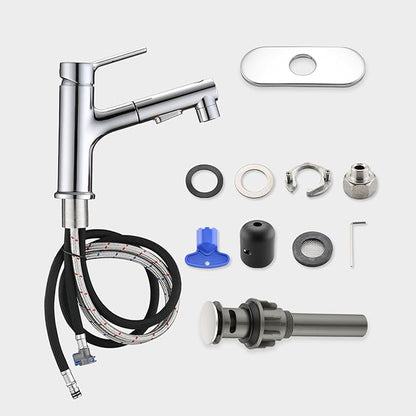 Bathroom Sink Faucet with Pull Out Sprayer, Single Handle Modern Bathroom Basin Faucet with Pop-up Sink Drain Stopper & Deck Plate 1 or 4-inch Centerset 3 Hole, Chrome