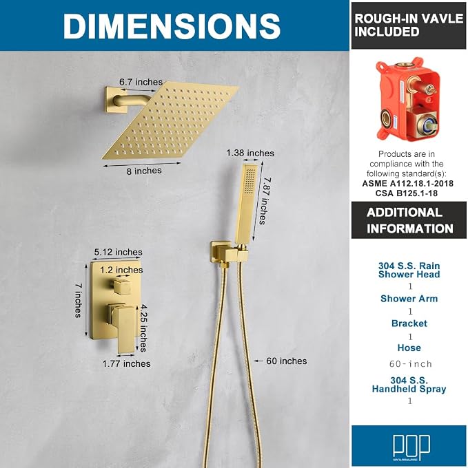 Brushed Gold Shower Faucet Set Complete Bathroom Rainfall Shower Fixture Wall Mounted 8 Inch Shower Head System and Handle Set with Rough-in Valve Body and Trim Kit