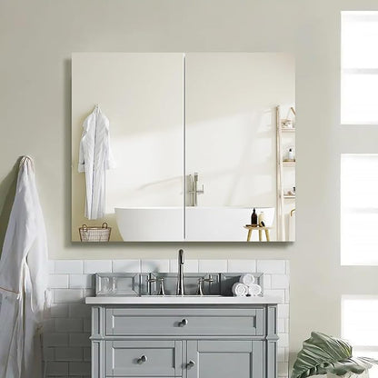 Medicine Cabinet with 26x30 inch Mirror, Mirror Cabinet with Assembly Needed, Aluminum Surface Mount or Recessed Wall Cabinet, Adjustable Glass Shelves, Suitable for Bathroom Bedroom