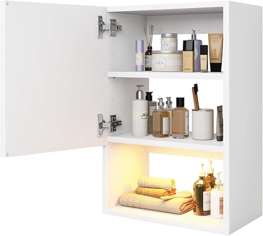 Wall Mounted Storage Cabinets with Lights, Over-The-Toilet Storage Vanity, Bathroom Medicine Organizer Adjustable Shelves Cabinet for Small Spaces (White)