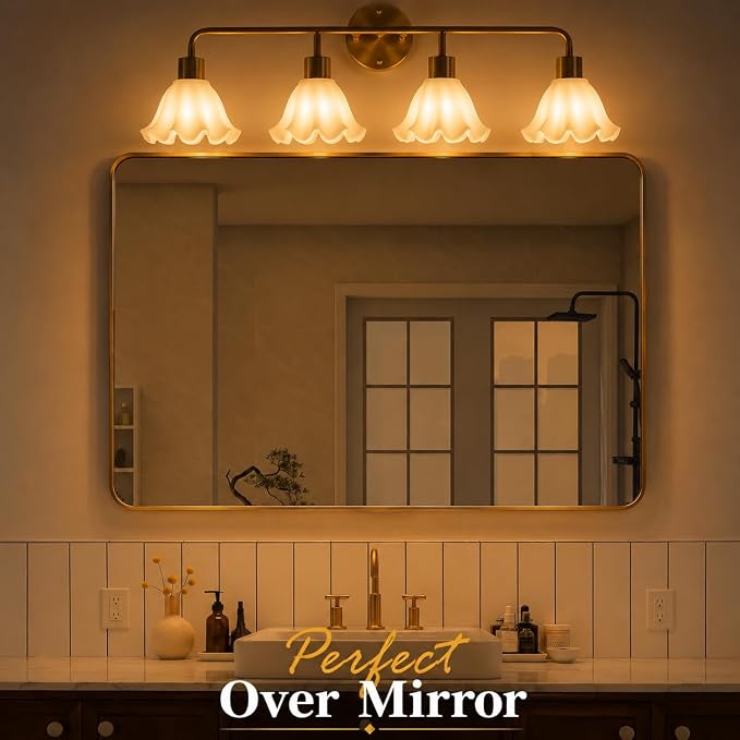 4 Light Gold Brass Bathroom Light Fixture,Brush Gold Vanity Lighting Over Mirror,Cute White Glass Flower Lampshade,Wall Sconces,E26 Socket(Bulbs Not Included)