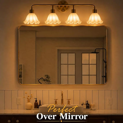 4 Light Gold Brass Bathroom Light Fixture,Brush Gold Vanity Lighting Over Mirror,Cute White Glass Flower Lampshade,Wall Sconces,E26 Socket(Bulbs Not Included)
