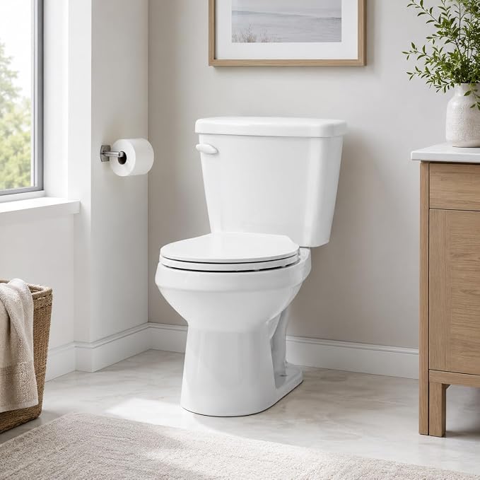 Space Saving 15 Inch Round Front Two Piece Toilet, Compact Side Flush White Ceramic Commode for Small Bathroom, 1.28 GPF Siphonic Flush, Soft Close Seat, cUPC, 12 Inch Rough-In
