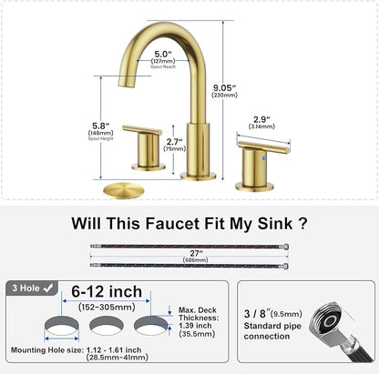 Bathroom Faucets for 3 Hole Sinks, Hurran 8 Inch Brushed Gold Double Handle Bathroom Sink Faucet with 360° Rotating Spout & Pop-Up Drain, Widespread Faucet Suitable for Vanity, RV & Outdoor Sinks
