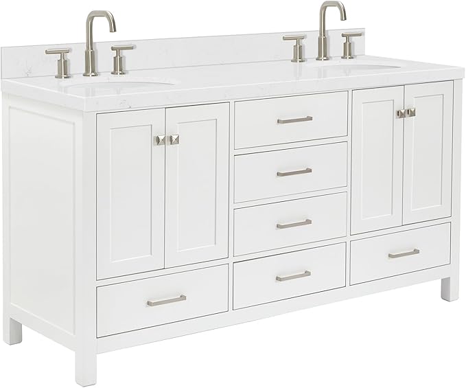 ARIEL Cambridge 66-inch Bathroom Vanity with Sink,Solid Wood, 1.5-inch Carrara White Quartz Countertop & Backsplash, Double Oval Porcelain Sink, 4 Soft Closing Doors, 6 Dovetail Drawers, White