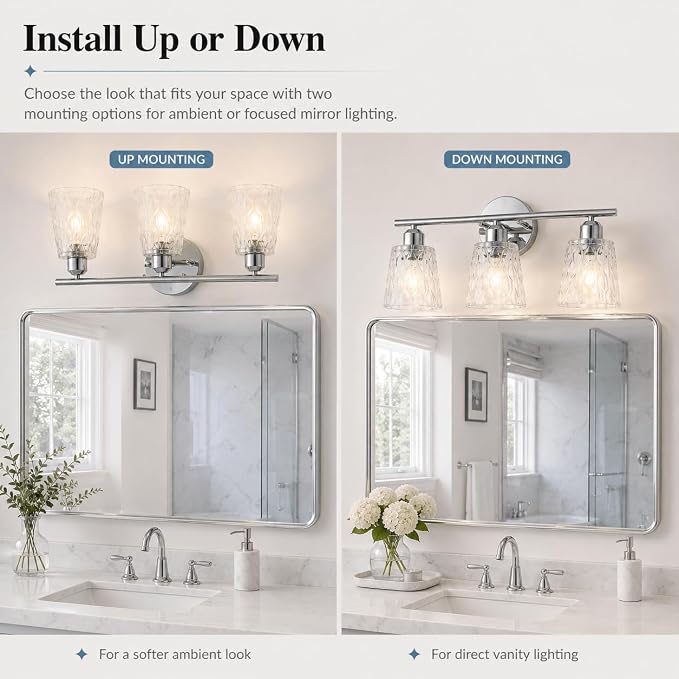 Chrome 3 Light Bathroom Vanity Lights with Textured Glass Shades, E26 Sockets, Bathroom Light Fixtures Over Mirror, Modern Lighting Fixtures Wall Lamp Vanity Lights