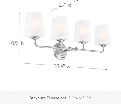 Design House Stasia Vanity Light, 4-Light, Sleek Modern Arms, Frosted Glass Glow, Dimmable, Dual-Mount Option, E26 Socket, Satin Nickel, 33.6 in L x 6.7 in W x 10.9 in H, 589309