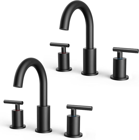 FORIOUS 2 Pack Black Bathroom Faucet 3 Hole, 8" Widespread Matte Black Bathroom Sink Faucet with 360°Swivel Spout, Suitable for 6-12 Inch Vanity Sink, with Metal Pop-up Drain and Supply Line