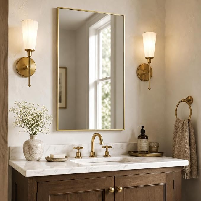 24x36 Satin Gold Framed Rectangle Bathroom Vanity Wall Mirror | Over-Sink Vanity Mirror, Slim Metal Frame, Entryway or Dresser Use, Vertical/Horizontal Mount, Tempered Glass