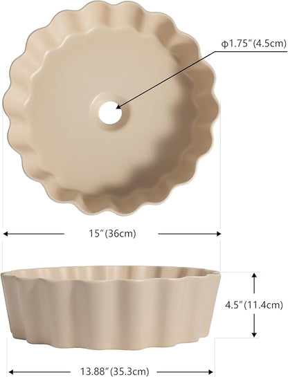 JONATHAN Y SNK1005G 15" Round Bathroom Vessel Sink, Art Deco Scallop Above Counter Vanity Sink, Matte Beige Ceramic Basin for Modern Powder Room and Lavatory