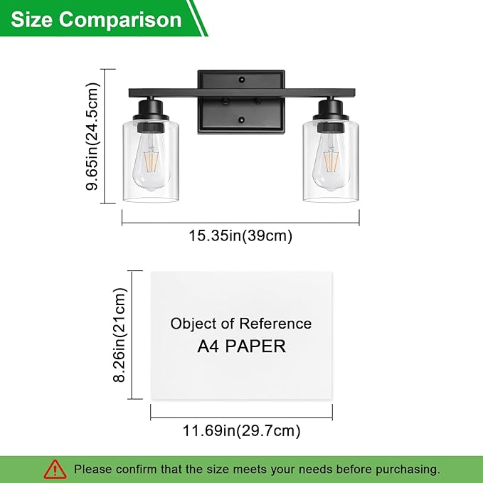 Unicozin 2 Light Bathroom Light Fixtures, Modern Vanity Lights Over Mirror, Black Wall Lamp with Clear Glass for Living Room Cabinet Bedroom Porch
