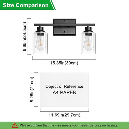 Unicozin 2 Light Bathroom Light Fixtures, Modern Vanity Lights Over Mirror, Black Wall Lamp with Clear Glass for Living Room Cabinet Bedroom Porch