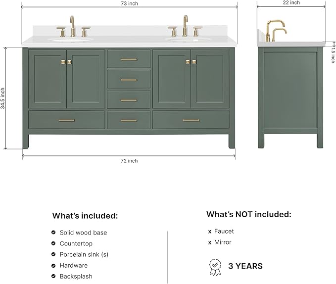 ARIEL Cambridge 72-inch Bathroom Vanity with Sink,Solid Wood, 1.5-inch Pure White Quartz Countertop & Backsplash, Double Oval Porcelain Sink, 4 Soft Closing Doors, 6 Dovetail Drawers, Vintage Green