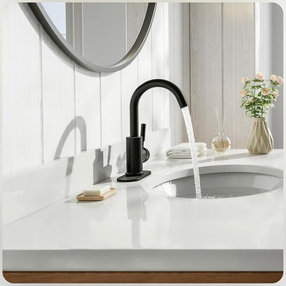 Phiestina Single Hole Matte Black Single-Handle High-Arc Stainless Steel Faucet for Pre-Kitchen Sink/Bar Sink/Bathroom Sink, with 4 Inch Deck Plate and Supply Hoses, Matte Black, WE08E-MB