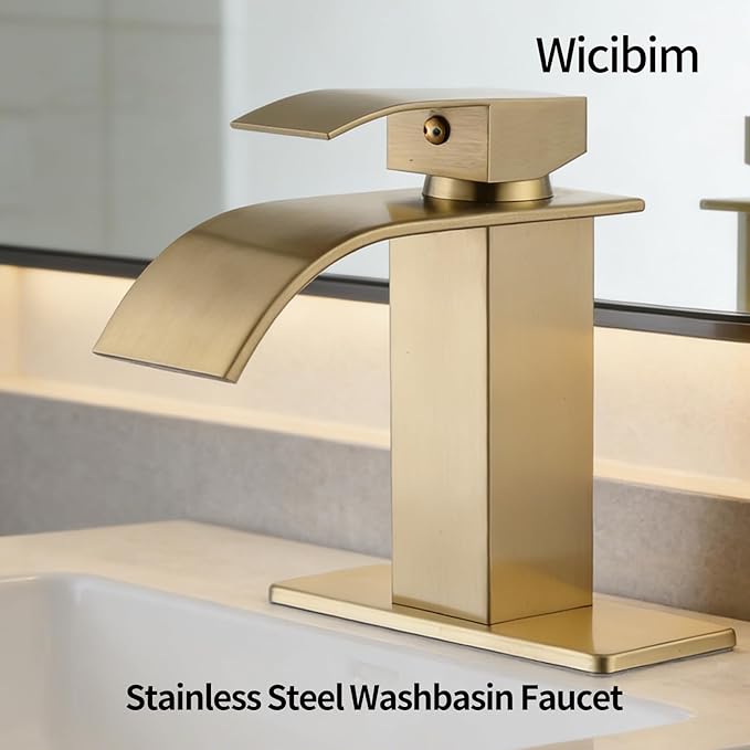 Wicbim Brushed Gold Bathroom Faucet,Modern Waterfall Black Bathroom Faucet,Single Handle Suitable for 1 or 3 Holes,Supply Deck Plate and Hose