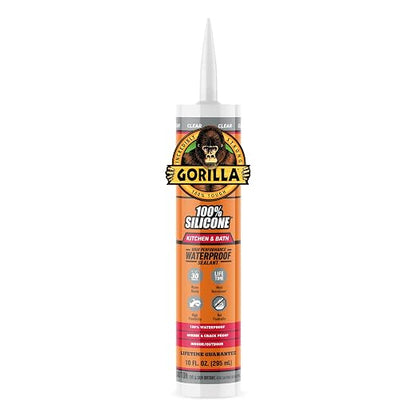 Gorilla 100% Silicone Caulk, Kitchen & Bath Sealant, 10oz Cartridge, Clear | Waterproof & Mold Resistant, Flexible Seal Prevents Shrinking, Great for Showers, Tubs, and Sinks