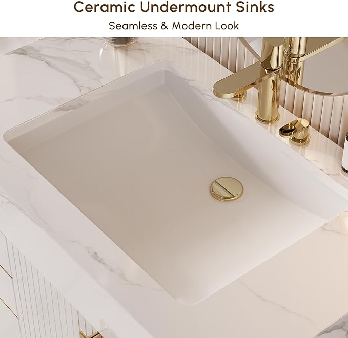 Bathroom Vanity with Sink, Modern Bathroom Vanity with Faux Marble Top, Gold Hardware & Soft-Close Drawers for Bathroom Storage (59.1 Inch, White, Double Sink & Freestanding)