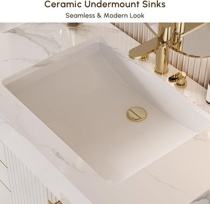 Bathroom Vanity with Sink, Modern Bathroom Vanity with Faux Marble Top, Gold Hardware & Soft-Close Drawers for Bathroom Storage (59.1 Inch, White, Double Sink & Freestanding)