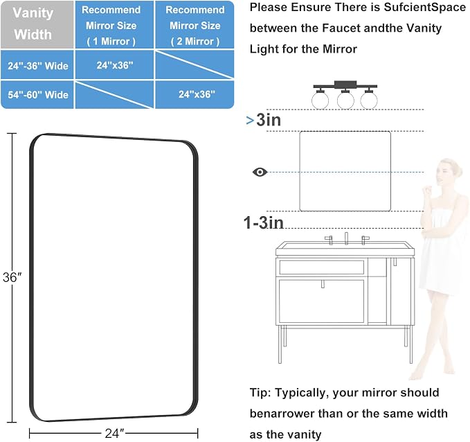 Black Bathroom Mirror for Over Sink, 24" x 36" Framed Rectargular Wall-Mounted Bathroom Mirrors for Vanity, Decorative, Farmhouse, Restroom, Horizontally or Vertically Hanging