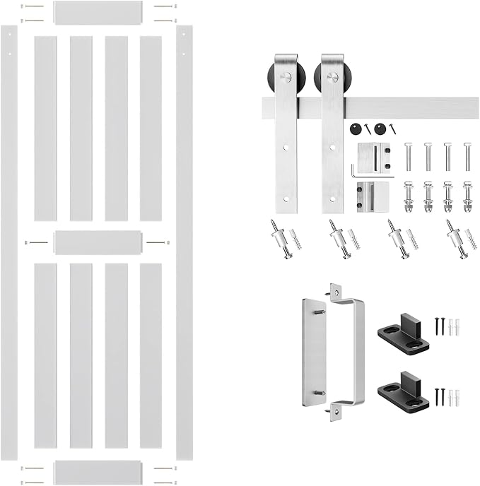 24''x84'' Sliding Barn Door with 5 Ft Brushed Nickel Hardware Kit | Pre-Drilled Holes Easy Assembly - Include Installation Manual, Water-Proof PVC Surface, H-Frame, White