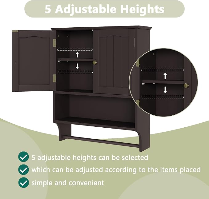 Smuxee Brown Wall Cabinet with Towel Bar - Medicine Cabinet with Adjustable Shelves, Over Toilet Cabinet for Laundry Room Kitchen