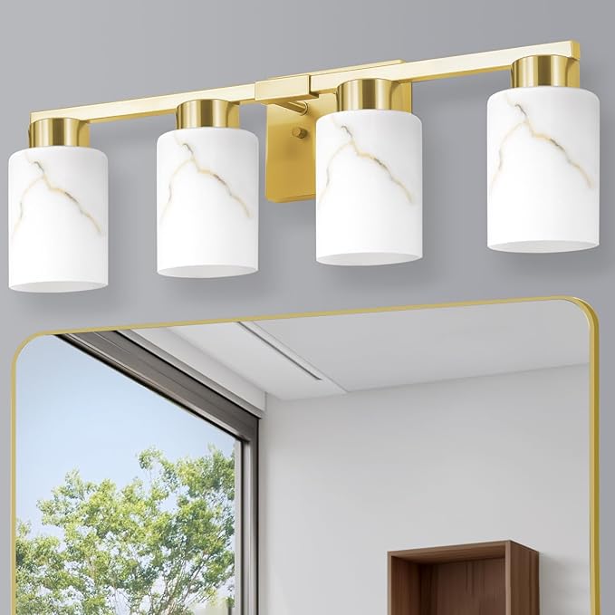 4-Light Bathroom Light Fixtures, Modern Vanity Lights, Gold Metal Wall Lamp with White Marble Glass for Bathroom, Mirror, Living Room, Bedroom, Cabinet, Porch, Hallway, E26 Base