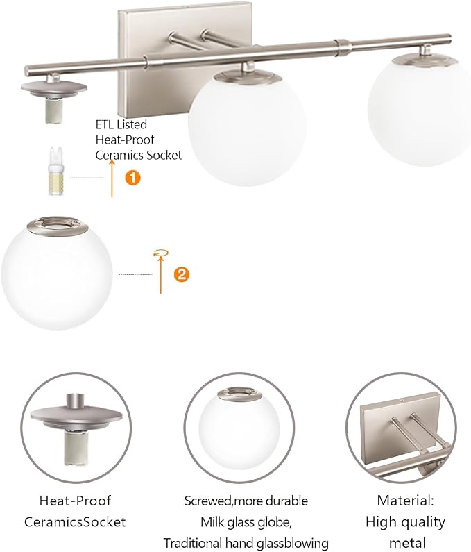 Bathroom Vanity Light Brushed Nickel 3T Wall Sconce for Mirror | Modern fixture Glass Shade brightness, Elivers even brightness. Sturdy metal resists rust. Dresser Bathroom over Mirror