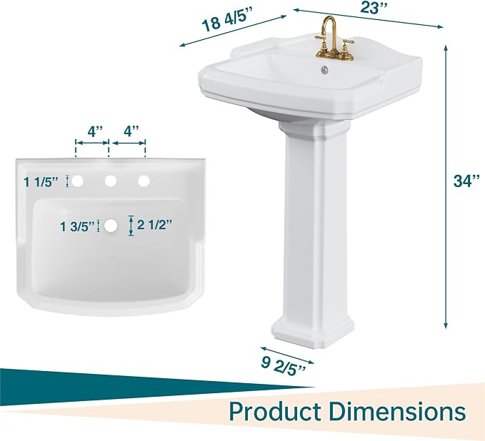 GarveeHome Porcelain Pedestal Sink Combo for Bathroom, White 26" Sink with Backsplash, 23" x 19" Basin Size, 35" Height with 3 Faucet Holes and Overflow