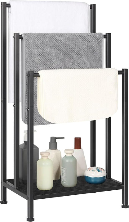 Freestanding Towel Rack, 3 Tier Metal Towel Rack, Black | Towel Racks for Bathroom, Blanket Rack Stand for Bedroom, Bath Towel Holder Stand, Floor Towel Holder with Wooden Storage