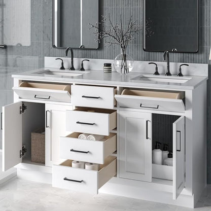 ARIEL Hepburn 60-inch Bathroom Vanity with Sink,Solid Wood, 0.75-inch Italian Carrara Marble Countertop, Double Rectangular Porcelain Sink, 4 Soft Closing Doors, 6 Dovetail Drawers, White