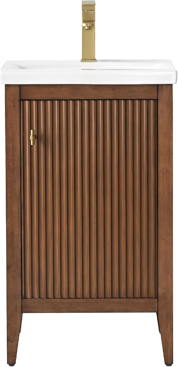 Vanity Art 20 inch Bathroom Vanity with Single Sink & Ceramic Top, Vanity Cabinet with Soft-Closing Door, Solid Wood Frame, Linear Pattern, Walnut, Golden Brushed Handware VA9120-Walnut-GB