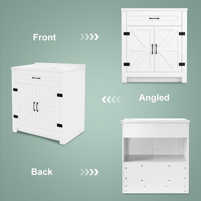 24 Inch Bathroom Vanity with Sink, Small Bathroom Sink Cabinet with 2 Barn Doors, White Single Sink Bath vanities Combo (19" D x 24" W x 36" H)
