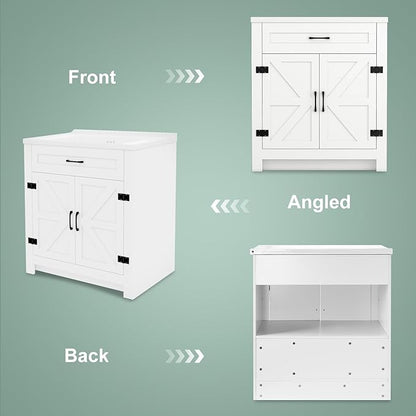 32 Inch Bathroom Vanity with Sink, Small Bathroom Sink Cabinet with 2 Barn Doors, White Single Sink Bath vanities Combo (19" D x 32" W x 36" H)