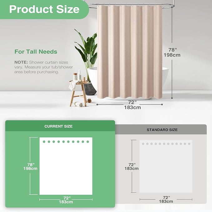 Long Waffle Shower Curtain 256 GSM Heavy Fabric 72x78 Blush Pink | 78 Inch Long, Thick Cloth, Weighted Hem, Water Repellent, Tall Hotel Luxury Polyester Shower Curtains for Bathroom 12 Hooks
