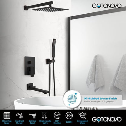 gotonovo Tub Shower Faucet Set with Valve Kit 10’’ Head,Oil Rubbed Bronze | Shower System with Tub Spout,SUS304 Rain Head with Handheld Sprayer,Swivel Spout,All Metal,Rough-In Valve Trim Kit,Wall Mount