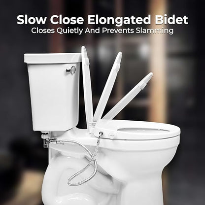 GenieBidet Bidet Toilet Seat Elongated - Dual Nozzles with T adapter & Bottle - Adjustable Water Pressure & Slow Close Bidet Seat Elongated with No Wiring & Easy Installation