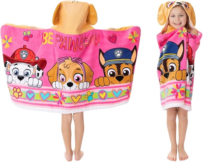 Paw Patrol Girl Skye, Marshall, Chase Kids Super Soft Bath/Pool/Beach Soft Cotton Terry Hooded Towel Wrap, 24 in x 50 in, (Officially Licensed Product) by Franco