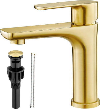 Faustina Light Gold Single Handle Bathroom Faucet, 304 Stainless Steel Vanity Faucet with Pop-Up Drain and Deck Plate for 1 or 3 Hole Sinks
