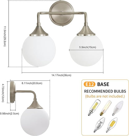 Brushed Nickel Bathroom Light Fixtures Over Mirror Vanity 2-Light | Mid Century Modern Brushed Nicke Wall Sconce with Milky White Glass Ball Shades for for Bathroom Dressing Table Bedroom