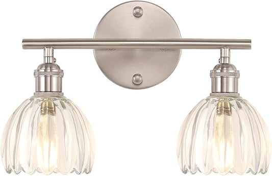 Bathroom Light Fixtures, 2-Light Vanity wall Light Over Mirror with Clear Tulip Glass Shade for Bedroom Living Room (Bulb Not Included), Satin Nickel