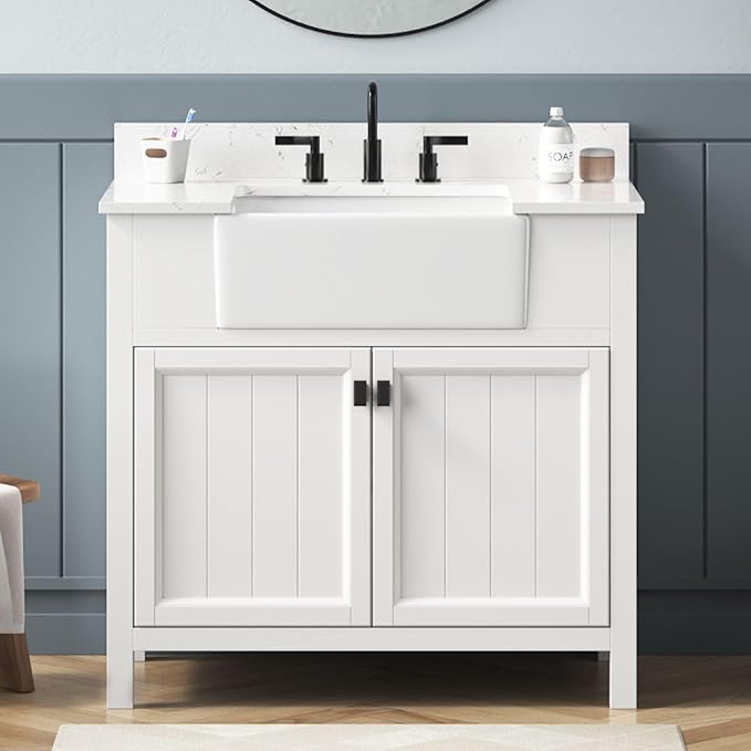36 Inch Bathroom Vanity With Sink, Solid Wood Frame Single Bathroom Vanity, Modern Storage Cabinet With Soft Closing Doors, Apron Farm Sink, Adjustable Feet, White