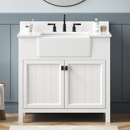 36 Inch Bathroom Vanity With Sink, Solid Wood Frame Single Bathroom Vanity, Modern Storage Cabinet With Soft Closing Doors, Apron Farm Sink, Adjustable Feet, White