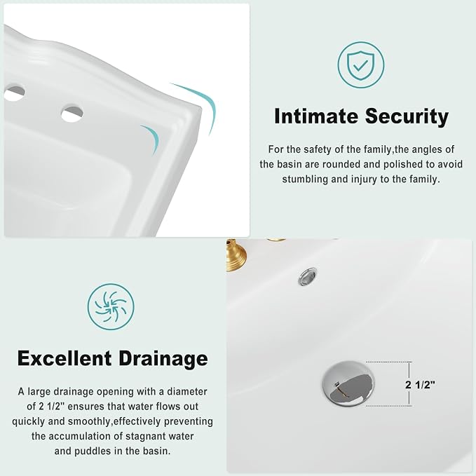 Pedestal Sink Vintage Square Basin with 8 inch 3-Hole Faucet Layout, Traditional Bathroom Sink for Home Vanity Upgrades, Classic Pedestal Design for Bathroom Renovation